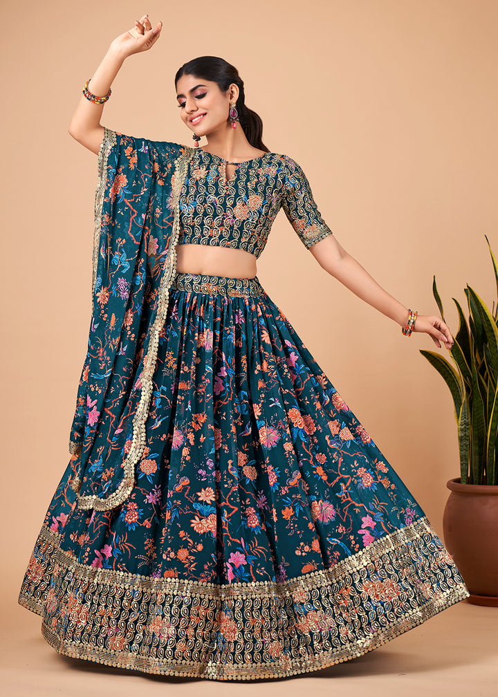 Buy Now Awesome Teal Blue Floral Printed Georgette Lehenga Choli Online in USA, UK, Canada & Worldwide at Empress Clothing