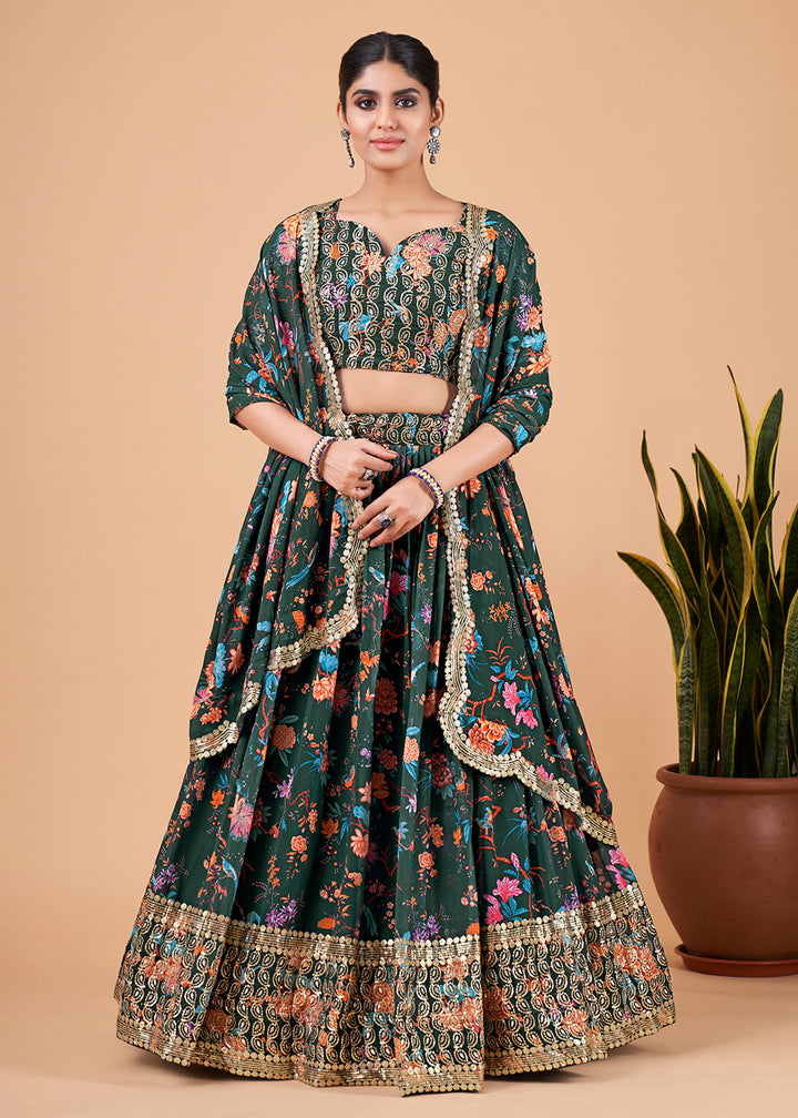 Buy Now Fantastic Green Floral Printed Georgette Lehenga Choli Online in USA, UK, Canada & Worldwide at Empress Clothing.