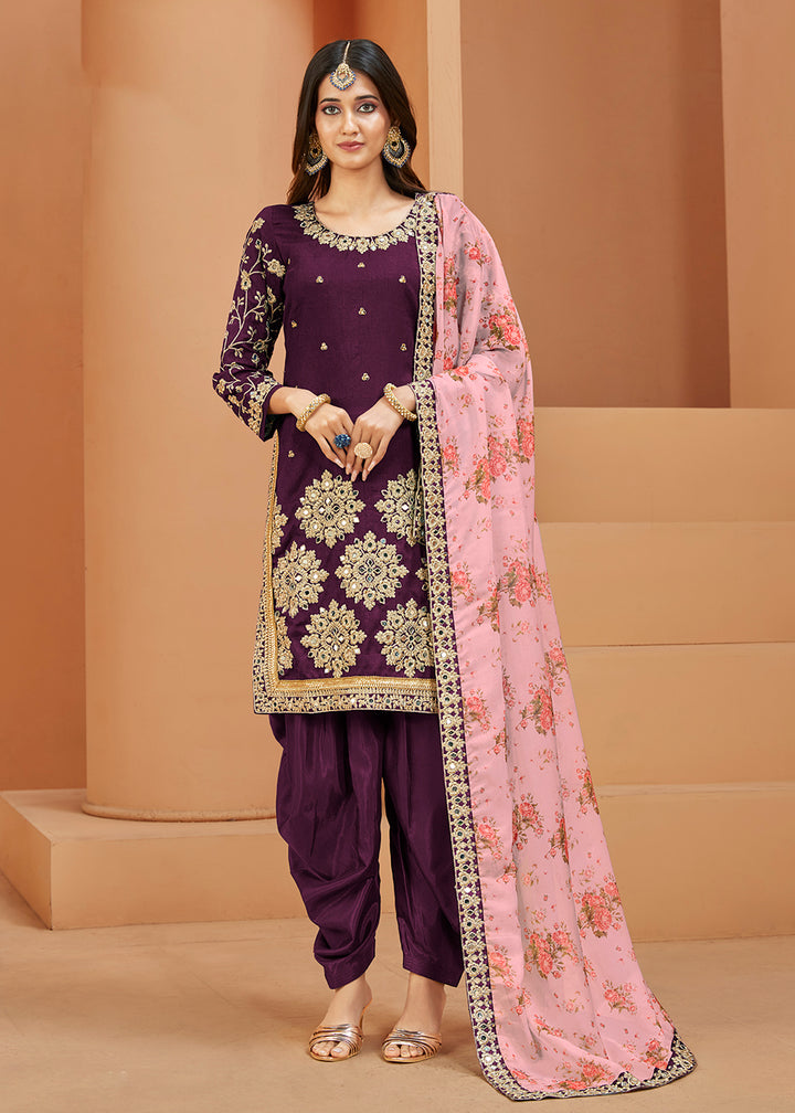 Buy Now Charming Art Silk Purple Mirror Embroidered Patiala Salwar Kameez Online in USA, UK, Canada, Germany, Australia & Worldwide at Empress Clothing. 