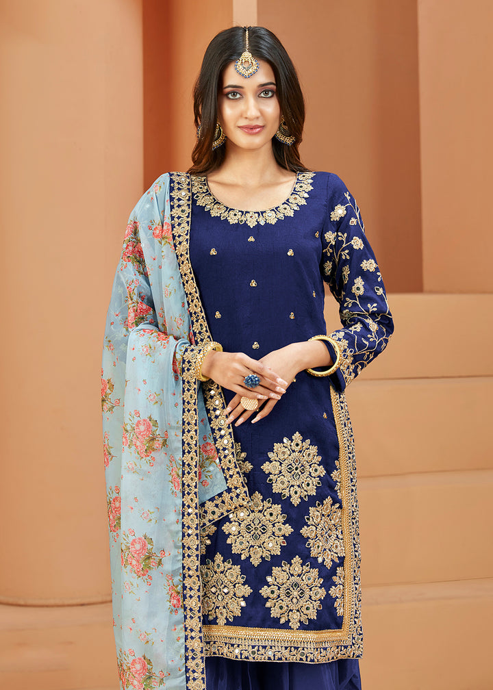 Buy Now Charming Art Silk Blue Mirror Embroidered Patiala Salwar Kameez Online in USA, UK, Canada, Germany, Australia & Worldwide at Empress Clothing.