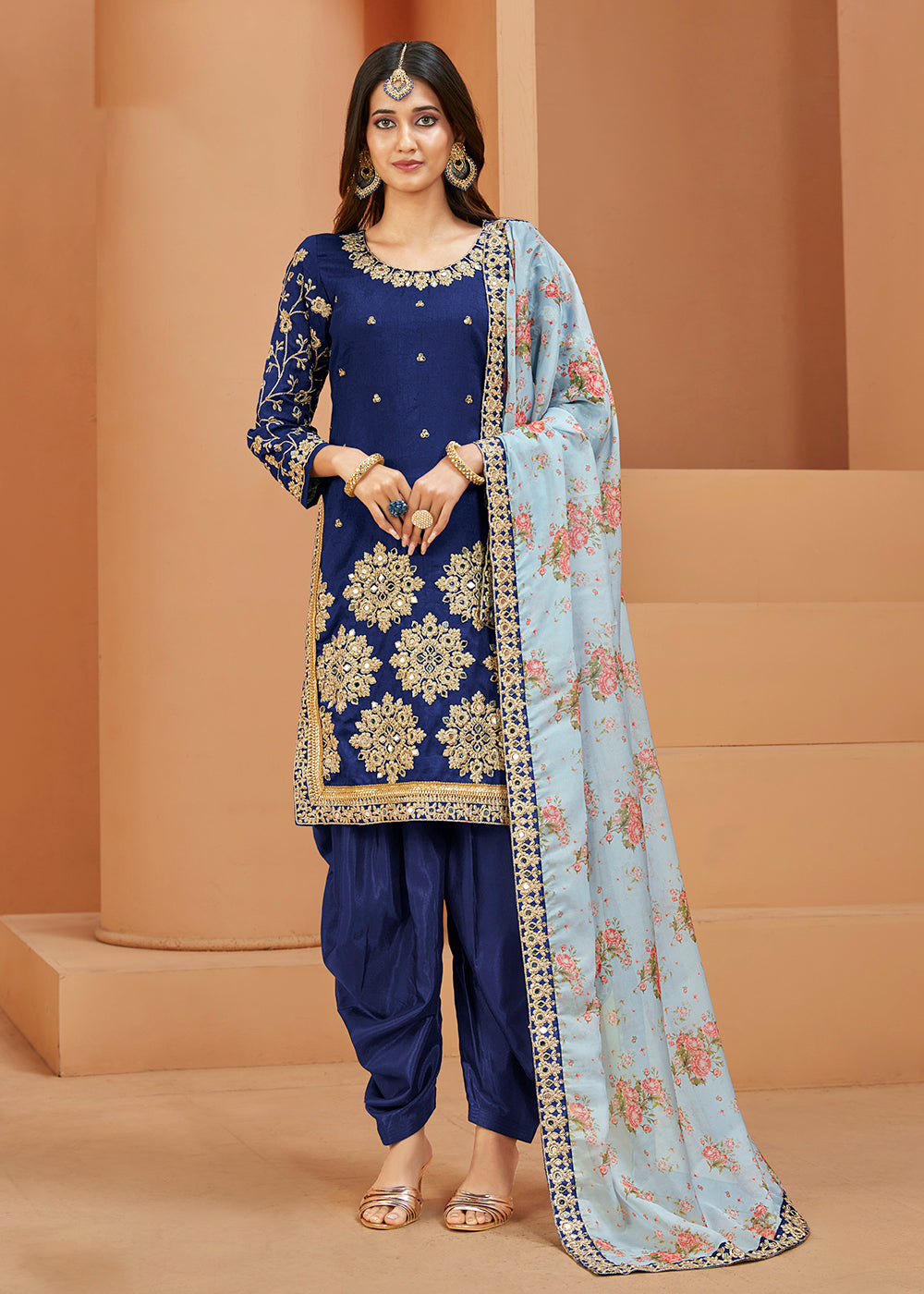 Buy Now Charming Art Silk Blue Mirror Embroidered Patiala Salwar Kameez Online in USA, UK, Canada, Germany, Australia & Worldwide at Empress Clothing.