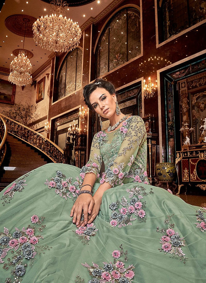 Artistic Green Floral Embroidered Designer Net Anarkali Suit