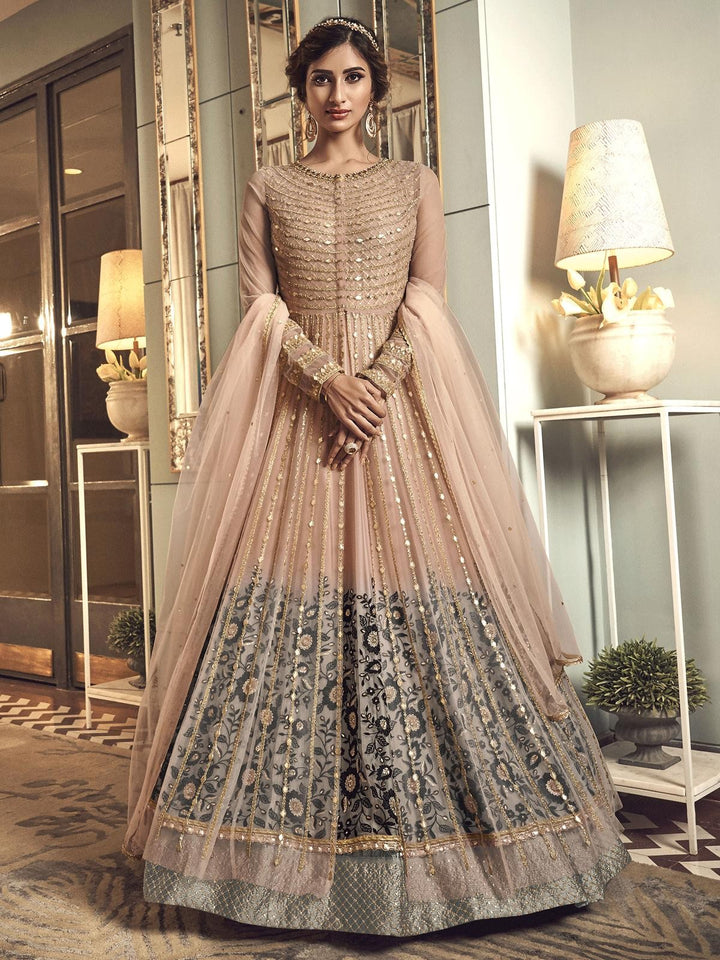 Peach Net Embroidered Anarkali Suit