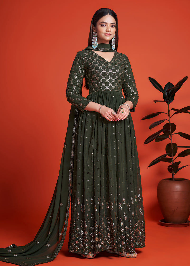 Buy Now Designer Blooming Georgette Mahendi Green Long Anarkali Gown Online in USA, UK, Australia, New Zealand, Canada, Italy & Worldwide at Empress Clothing. 