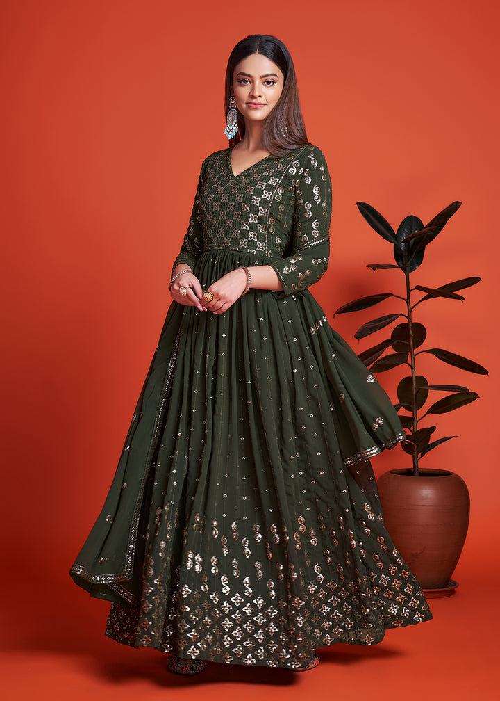 Buy Now Designer Blooming Georgette Mahendi Green Long Anarkali Gown Online in USA, UK, Australia, New Zealand, Canada, Italy & Worldwide at Empress Clothing. 