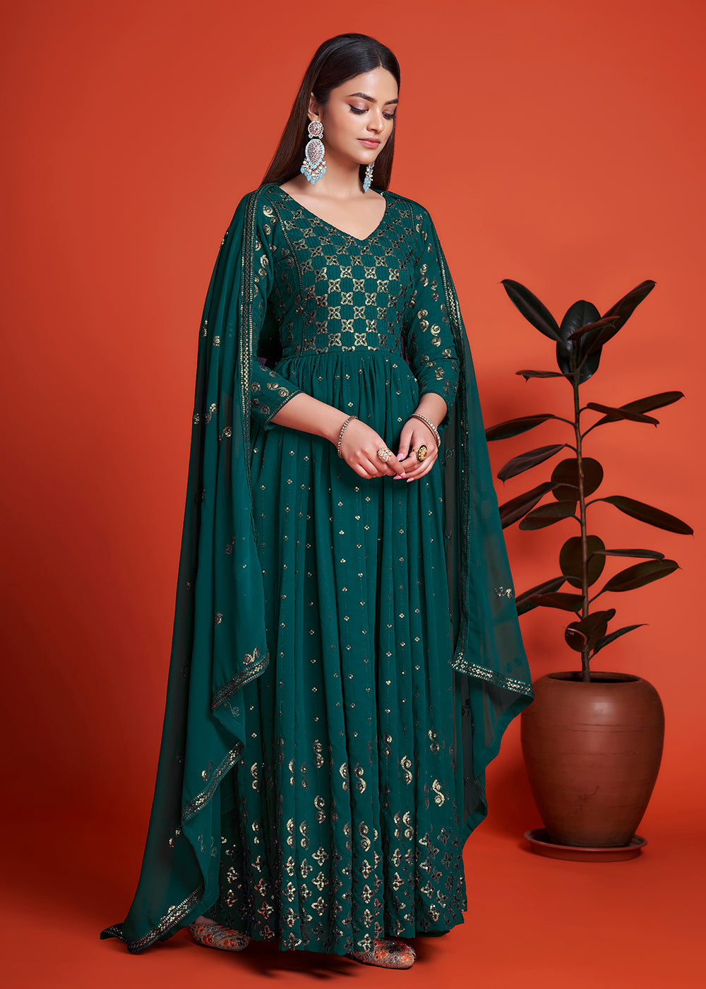 Buy Now Designer Blooming Georgette Rama Blue Long Anarkali Gown Online in USA, UK, Australia, New Zealand, Canada, Italy & Worldwide at Empress Clothing.
