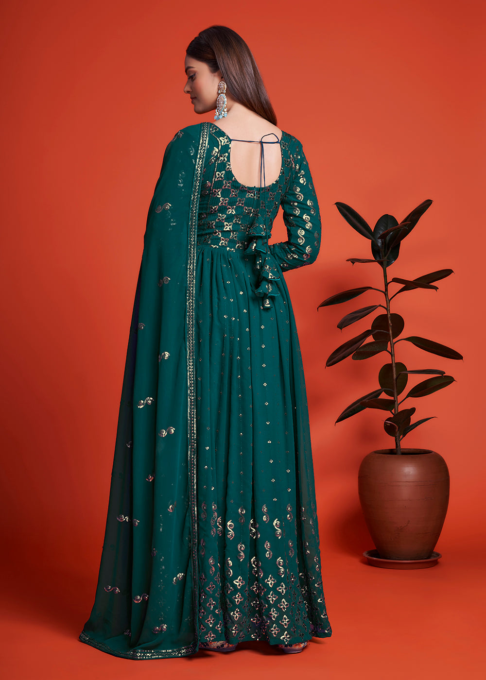 Buy Now Designer Blooming Georgette Rama Blue Long Anarkali Gown Online in USA, UK, Australia, New Zealand, Canada, Italy & Worldwide at Empress Clothing.