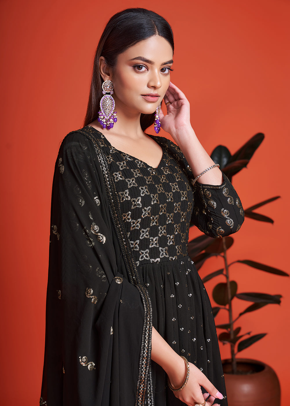 Buy Now Designer Blooming Georgette Jade Black Long Anarkali Gown Online in USA, UK, Australia, New Zealand, Canada, Italy & Worldwide at Empress Clothing