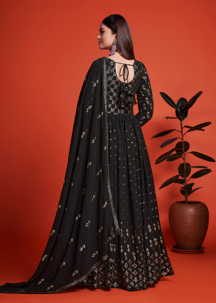 Buy Now Designer Blooming Georgette Jade Black Long Anarkali Gown Online in USA, UK, Australia, New Zealand, Canada, Italy & Worldwide at Empress Clothing