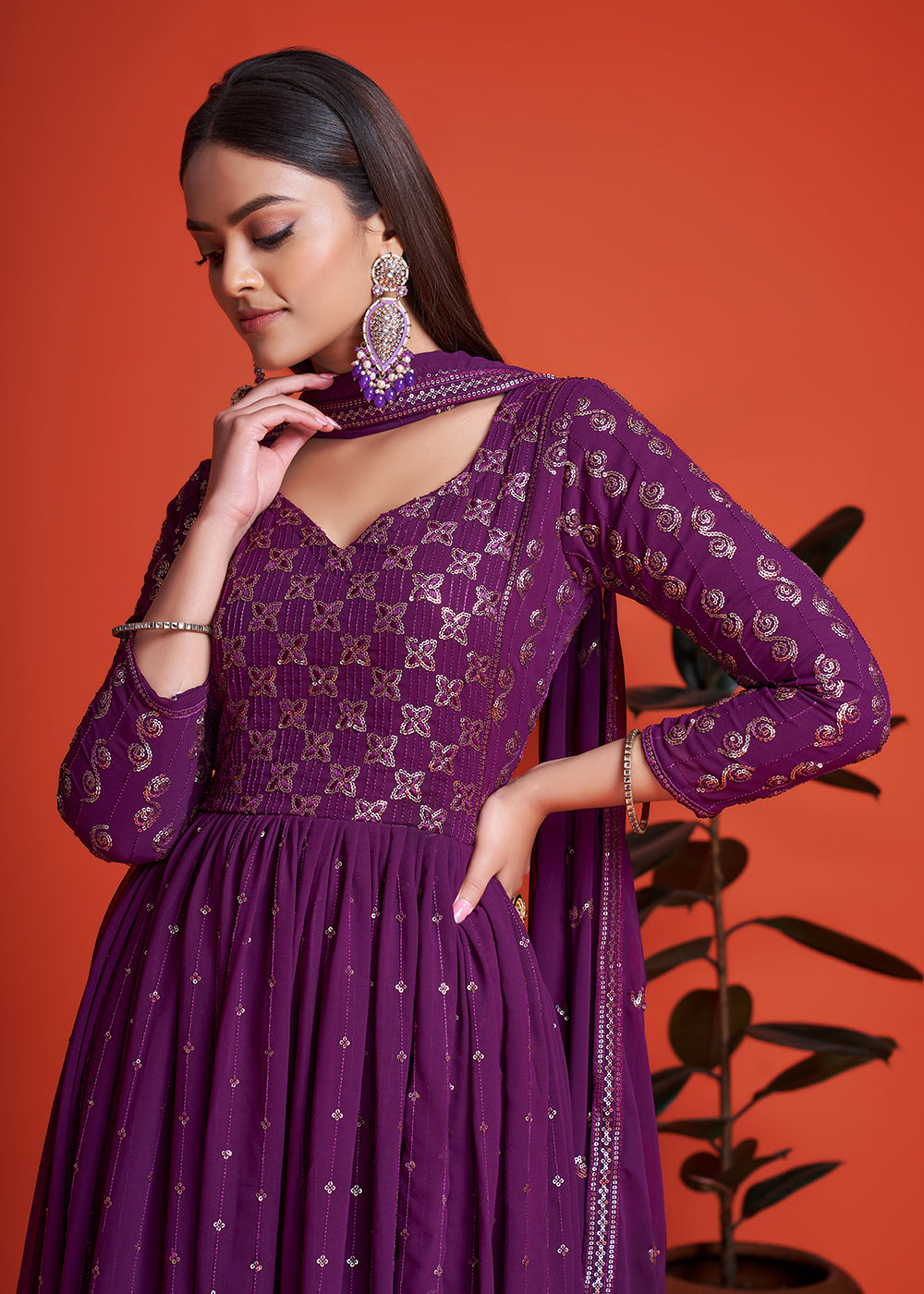 Buy Now Designer Blooming Georgette Plum Purple Long Anarkali Gown Online in USA, UK, Australia, New Zealand, Canada, Italy & Worldwide at Empress Clothing. 