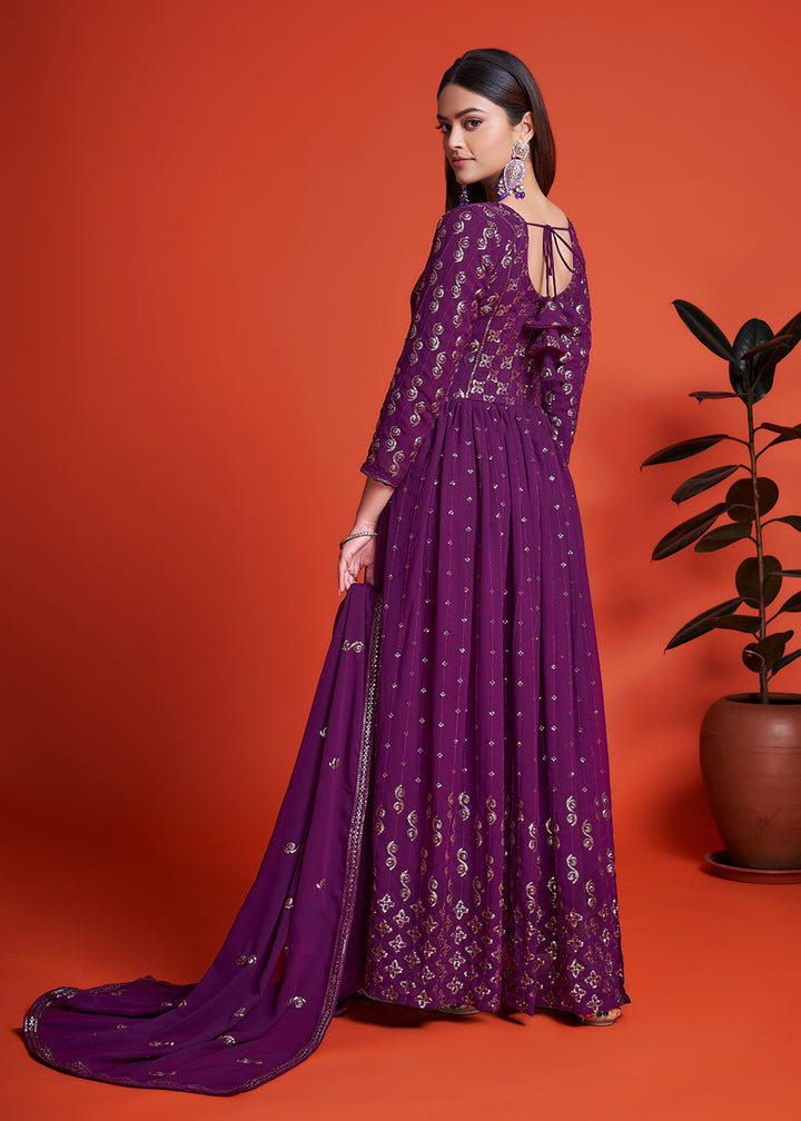 Buy Now Designer Blooming Georgette Plum Purple Long Anarkali Gown Online in USA, UK, Australia, New Zealand, Canada, Italy & Worldwide at Empress Clothing. 