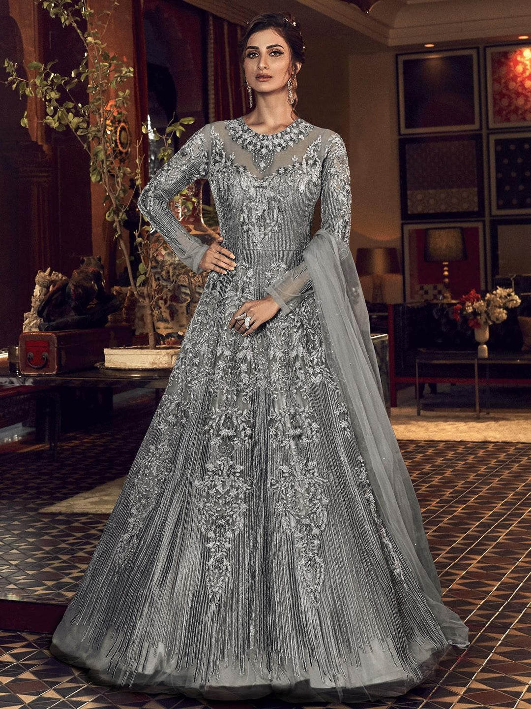 Grey Embroidered Traditional Style Anarkali Suit