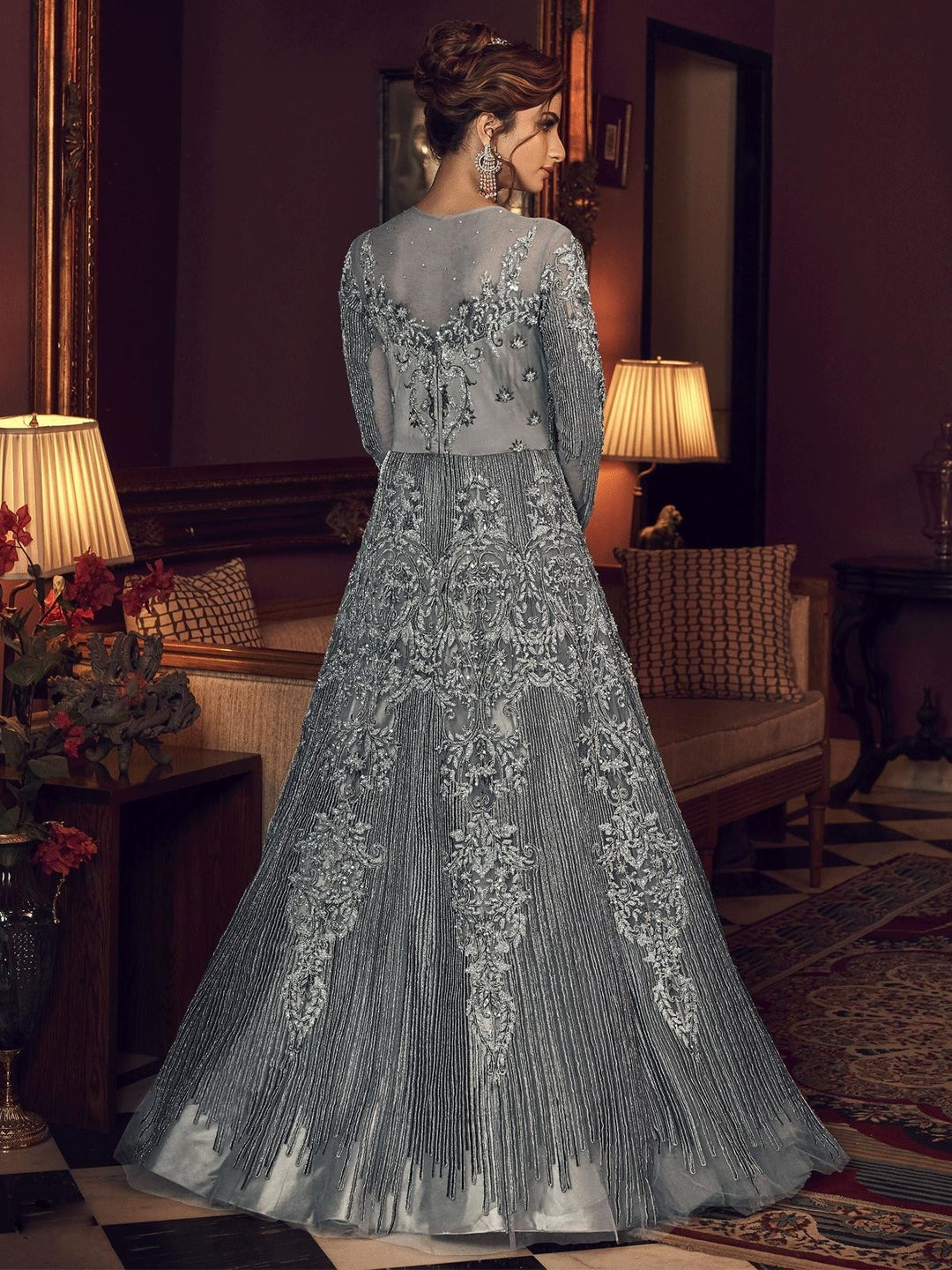 Grey Embroidered Traditional Style Anarkali Suit