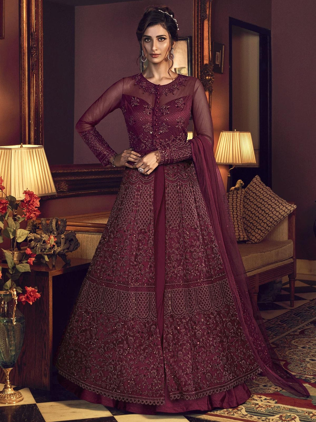 Maroon Embroidered Traditional Anarkali Suit