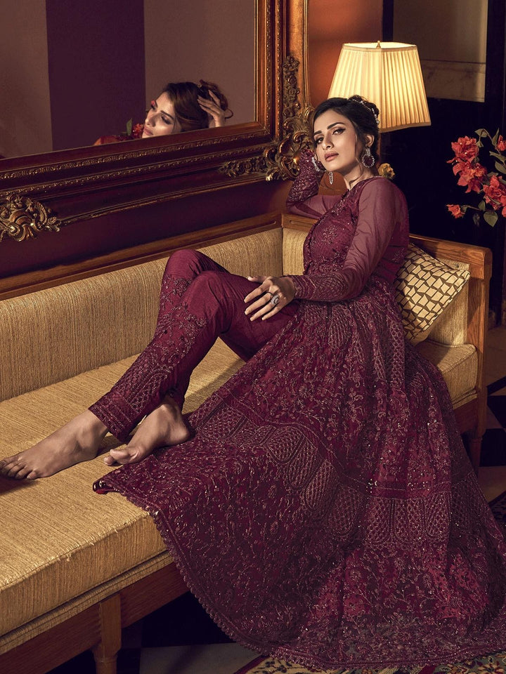 Maroon Embroidered Traditional Anarkali Suit