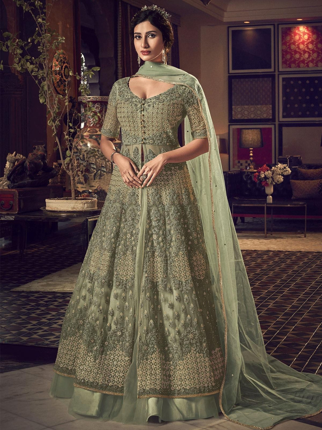Green Embroidered Traditional Anarkali Suit