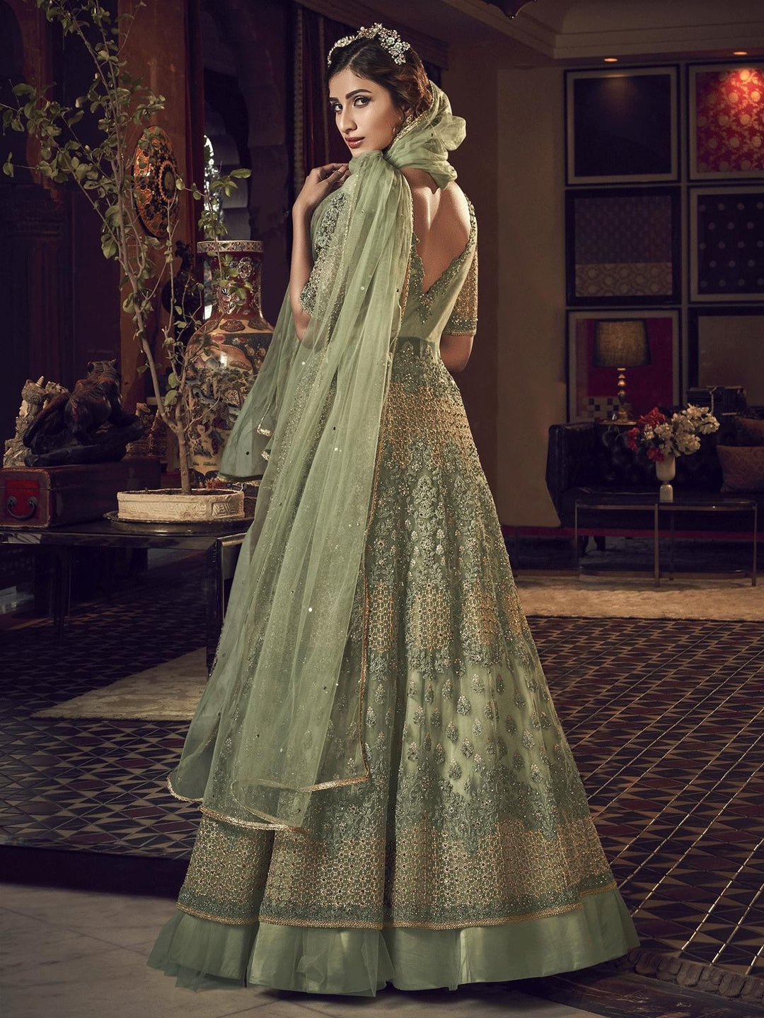 Green Embroidered Traditional Anarkali Suit