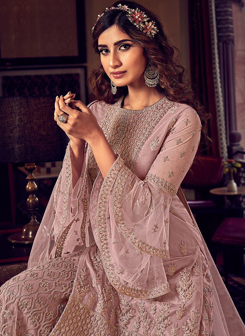 Adorable Mauve Embroidered Party Wear Sharara Suit