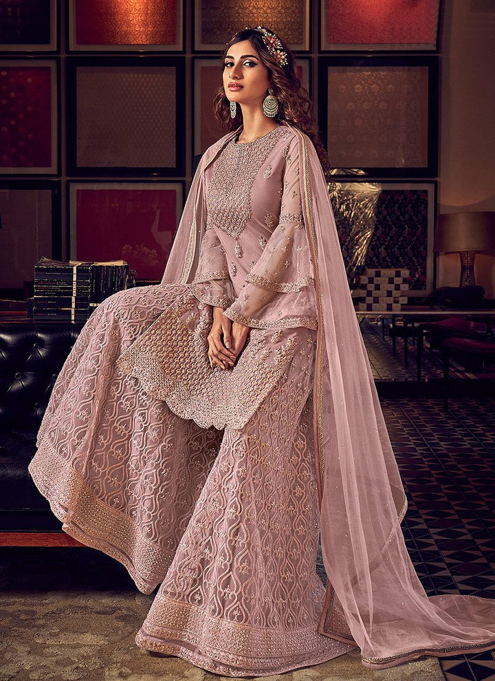 Adorable Mauve Embroidered Party Wear Sharara Suit