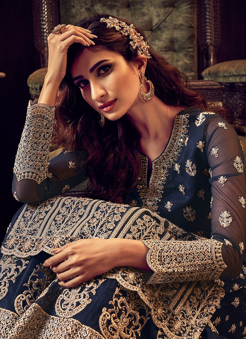 Soothing Blue Embroidered Party Wear Sharara Suit