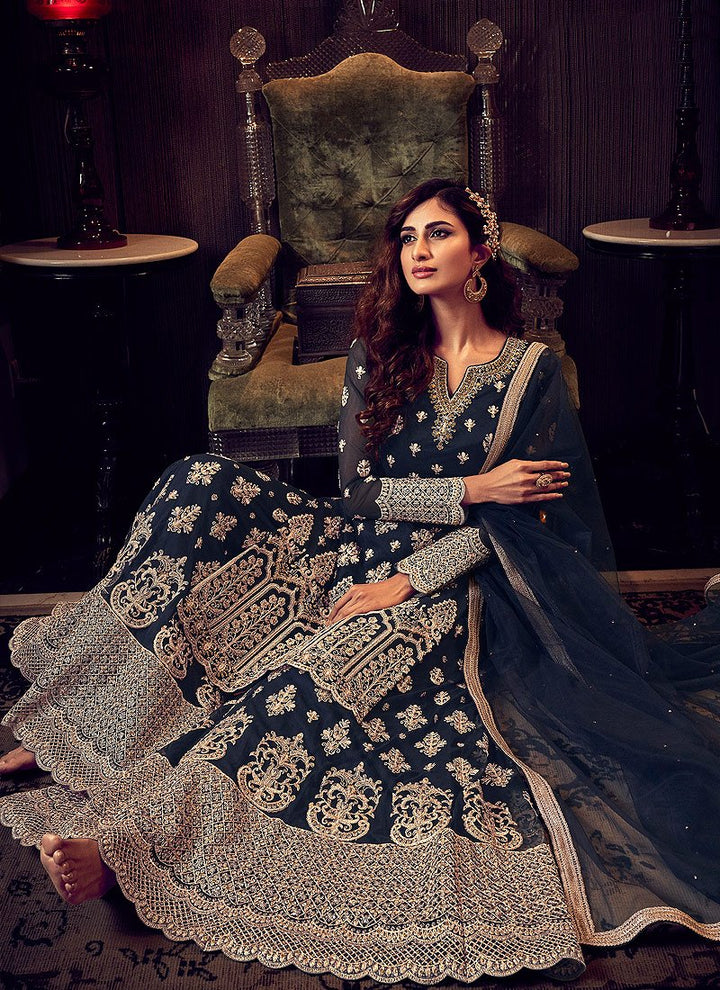 Soothing Blue Embroidered Party Wear Sharara Suit