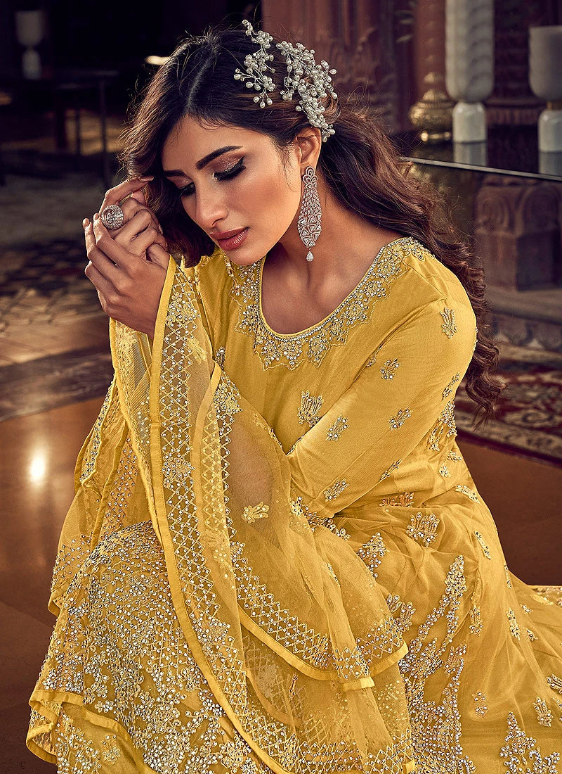 Delightful Yellow Embroidered Party Wear Sharara Suit