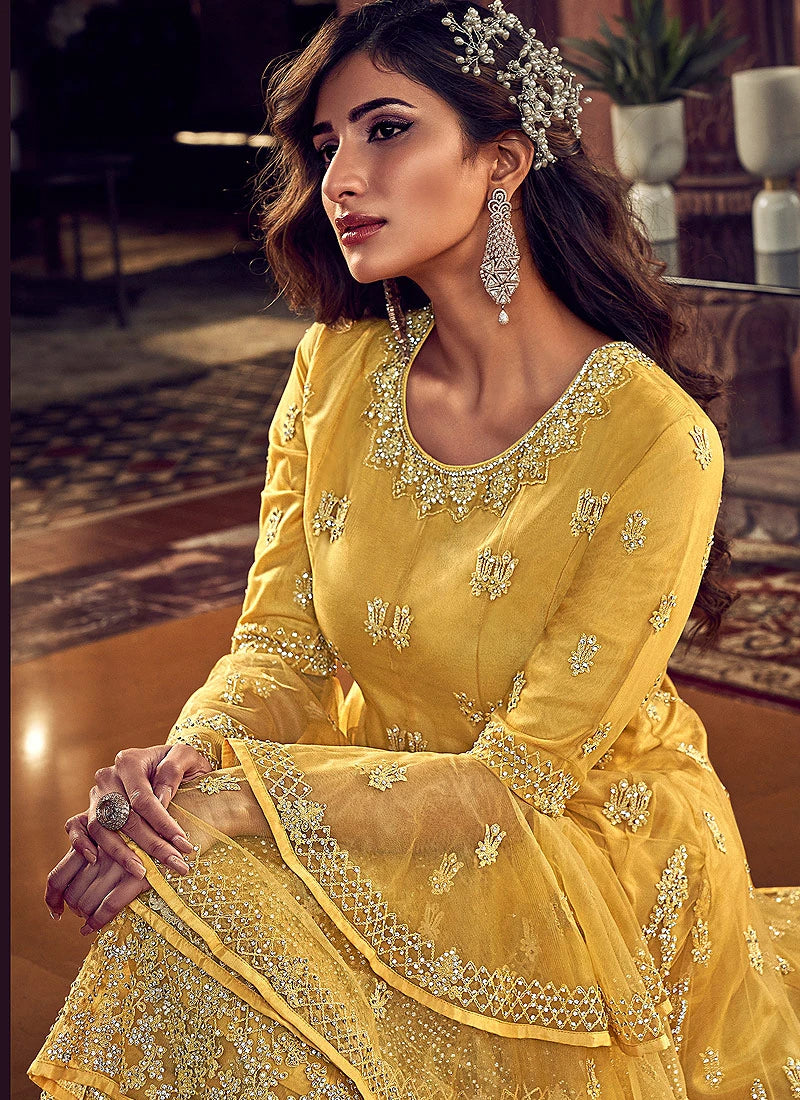 Delightful Yellow Embroidered Party Wear Sharara Suit