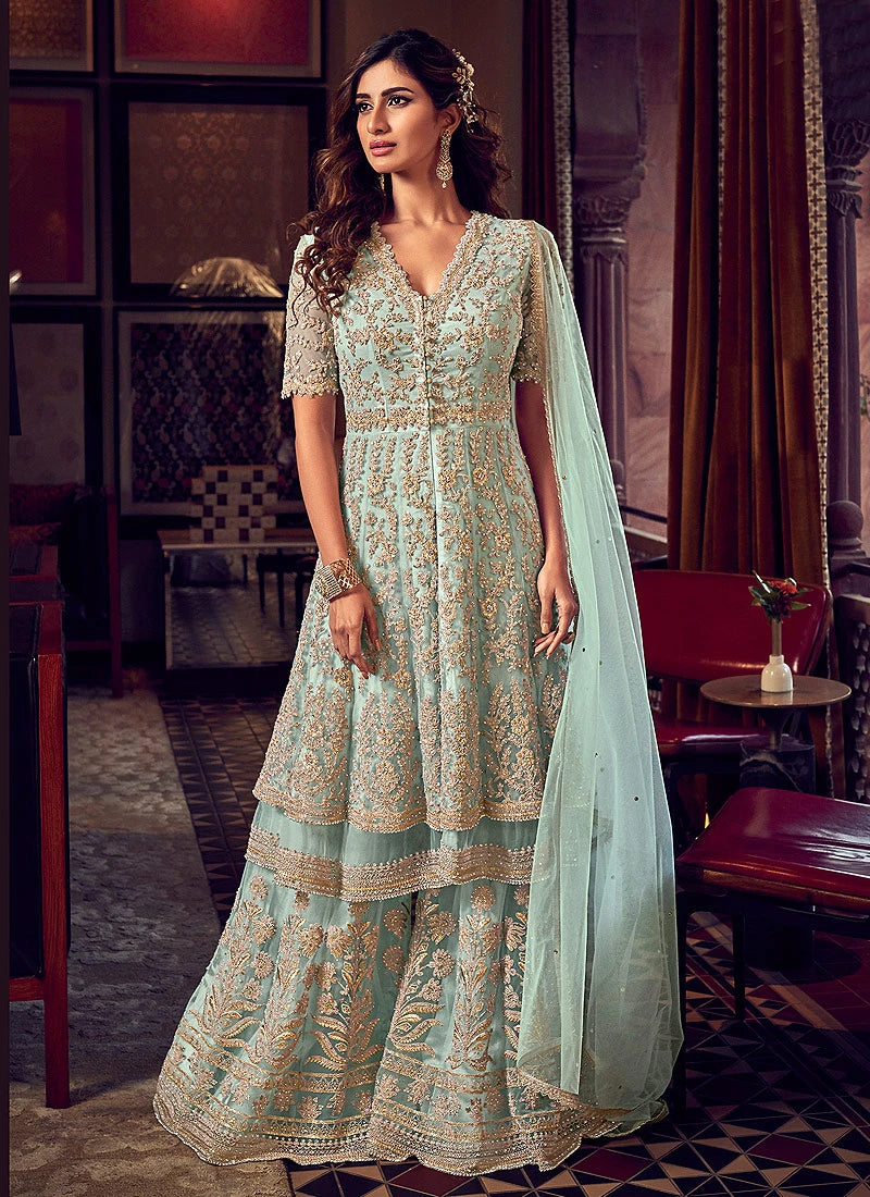 Sea Green Embroidered Party Wear Sharara Suit