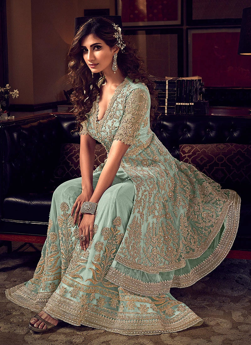Sea Green Embroidered Party Wear Sharara Suit