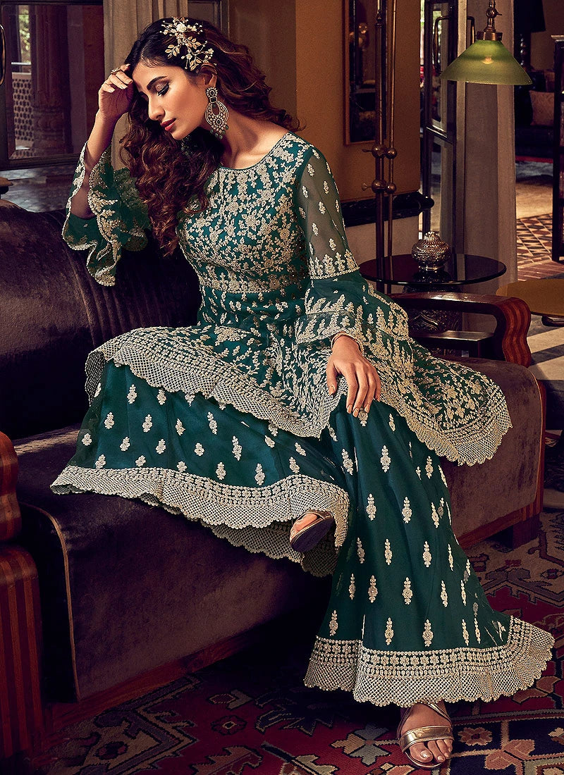 Splendid Green Embroidered Party Wear Sharara Suit