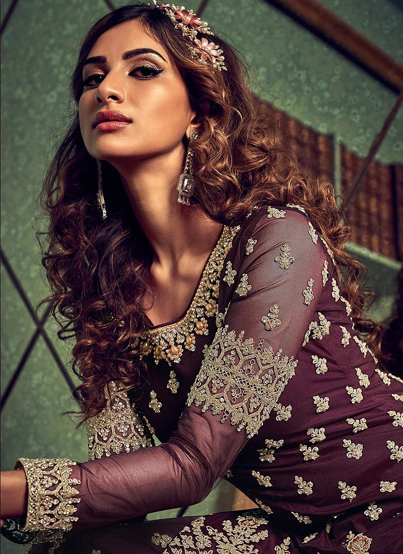 Classy Wine Embroidered Party Wear Sharara Suit
