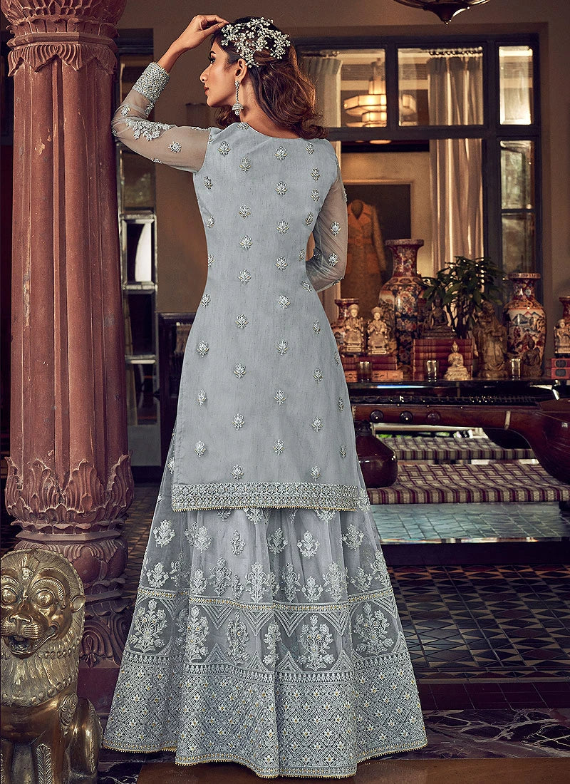 Lovable Pastel Grey Embroidered Party Wear Sharara Suit