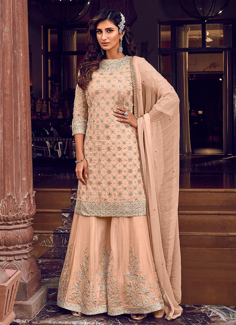 Captivating Peach Embroidered Party Wear Sharara Suit