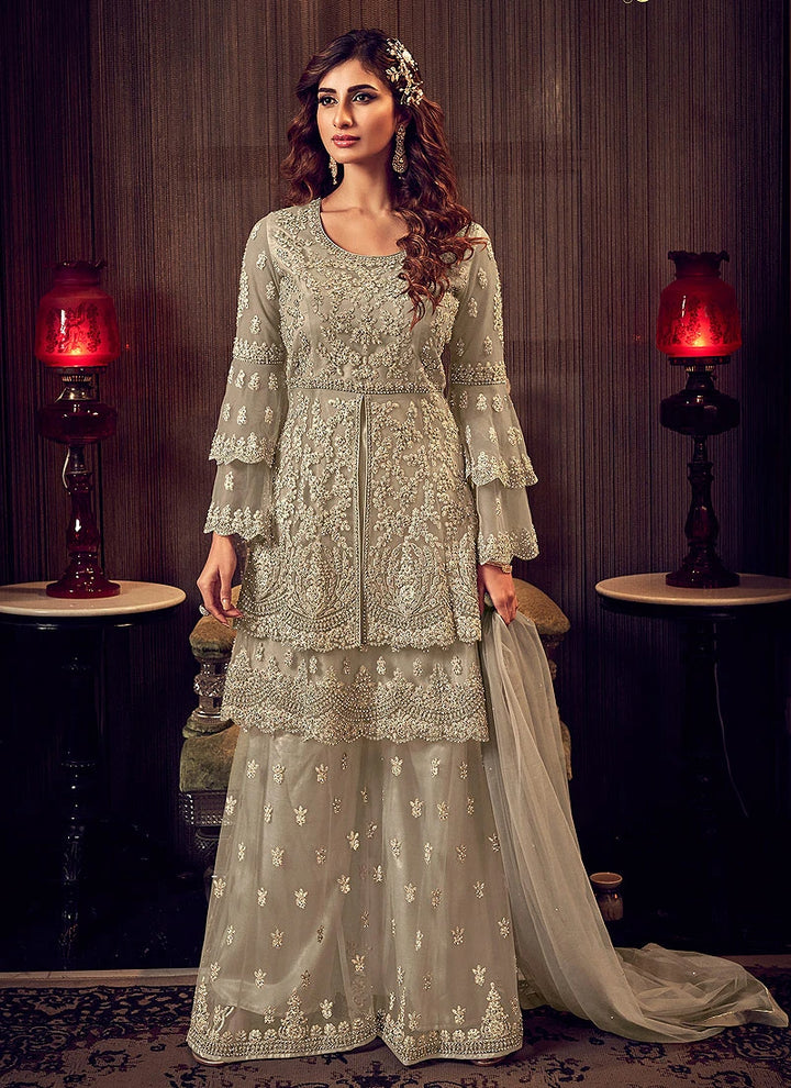 Amazing Beige Embroidered Party Wear Sharara Suit