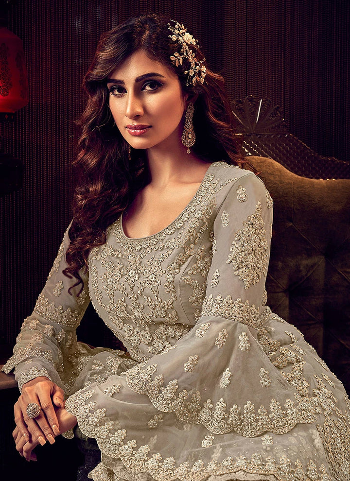 Amazing Beige Embroidered Party Wear Sharara Suit
