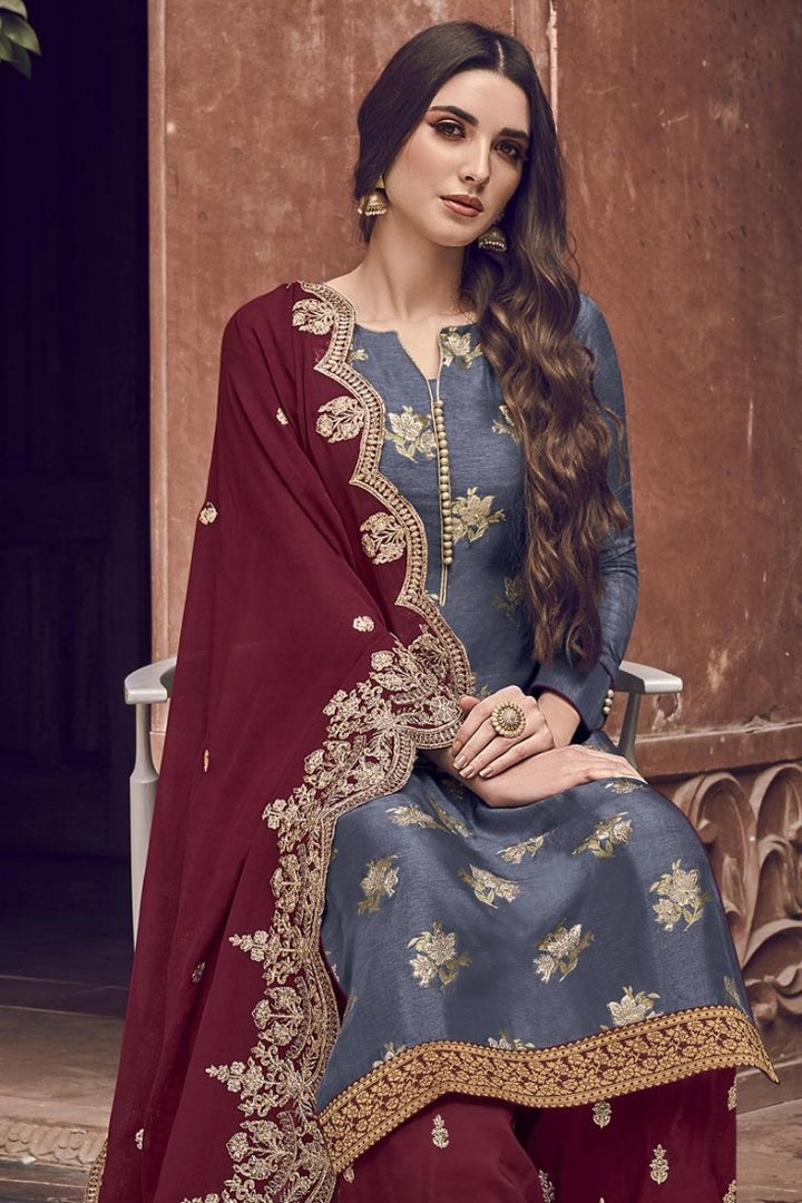 Grey Color Jacquard Embroidered Palazzo Style Suit