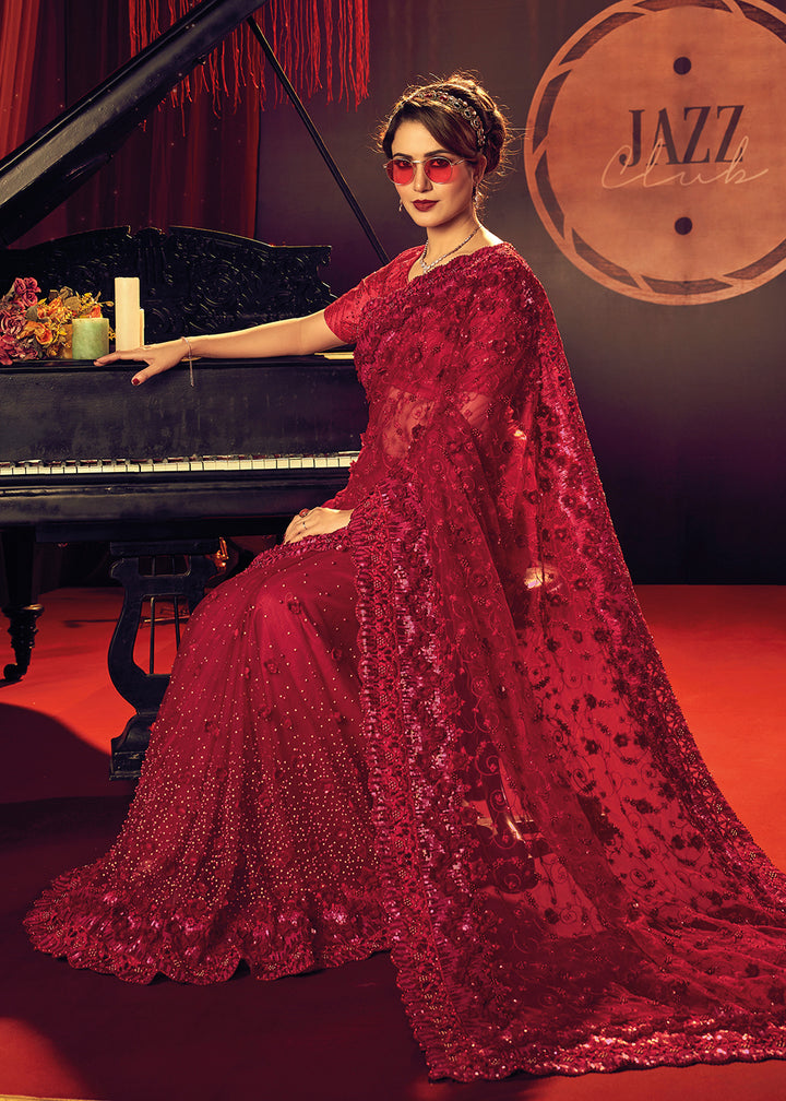 Shop Now Bridal Party Luxurious Red Premium Net Contemporary Saree from Empress Clothing in USA, UK, Canada & Worldwide. 