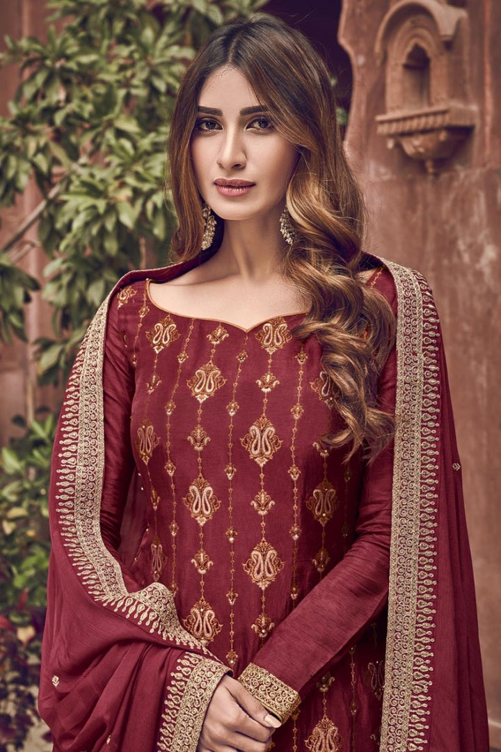Elegant Red Jacquard Embroidered Palazzo Style Suit