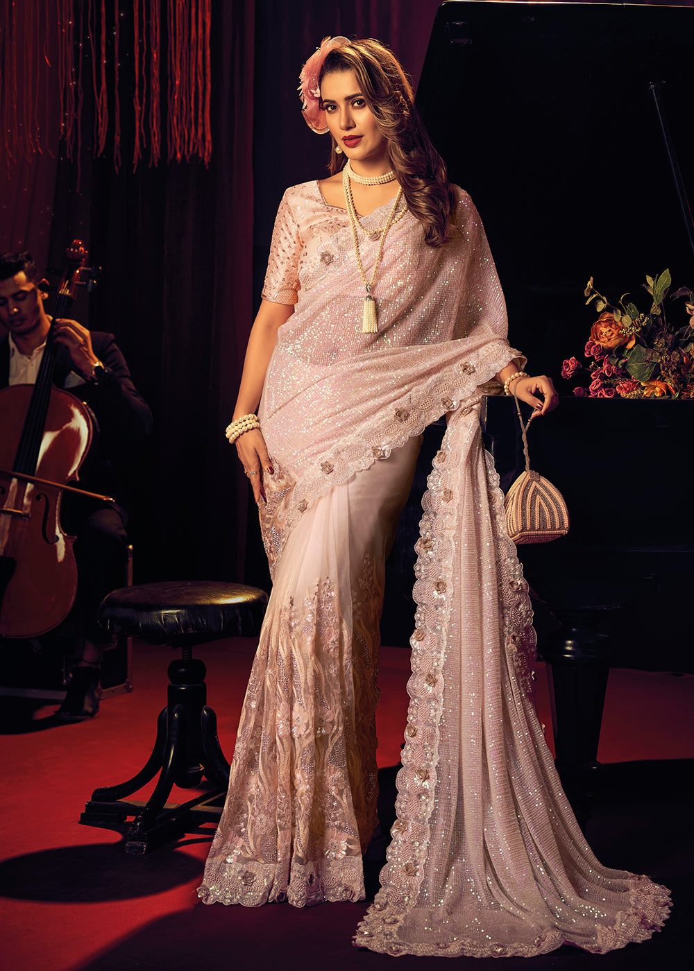 Shop Now Bridal Party Pretty Peach Premium Net Classic Saree from Empress Clothing in USA, UK, Canada & Worldwide. 