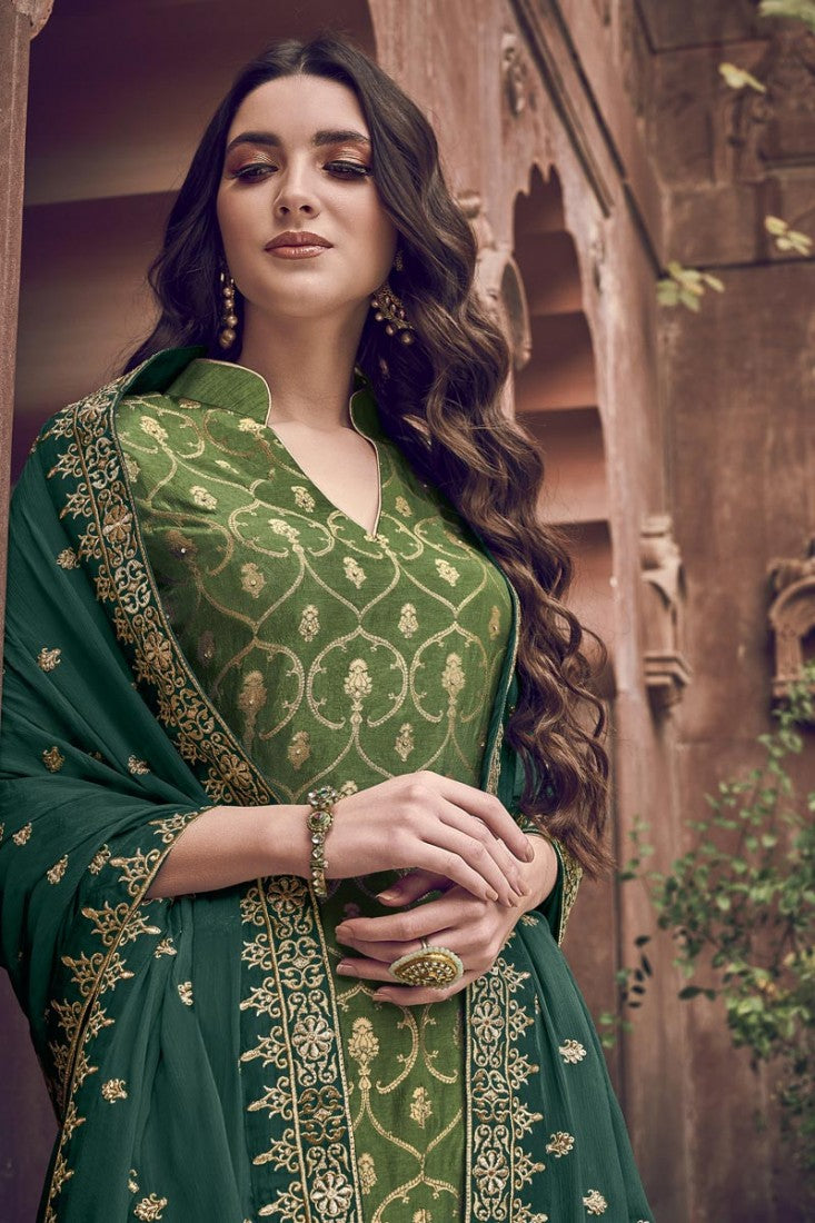 Green Color Jacquard Embroidered Palazzo Style Suit