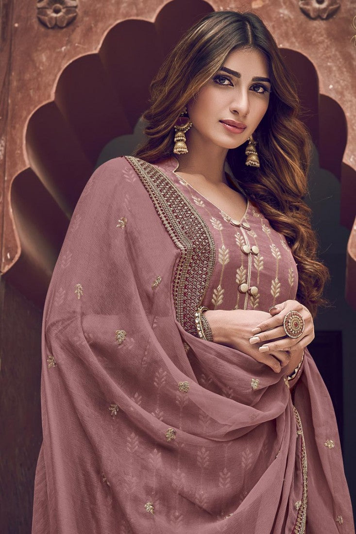Old Rose Color Jacquard Embroidered Palazzo Style Suit