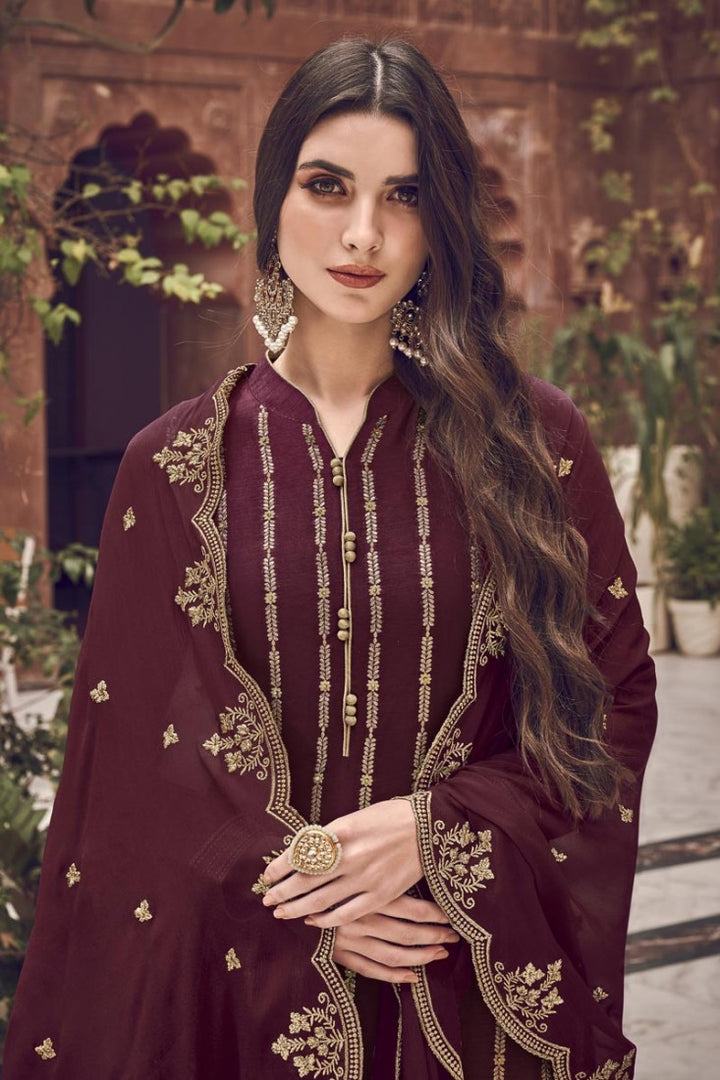 Maroon Color Jacquard Embroidered Palazzo Style Suit