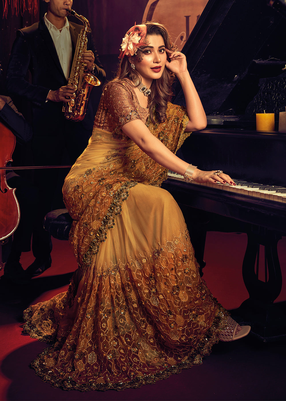 Shop Now Bridal Party Mesmeric Mustard Premium Net Designer Saree from Empress Clothing in USA, UK, Canada & Worldwide.