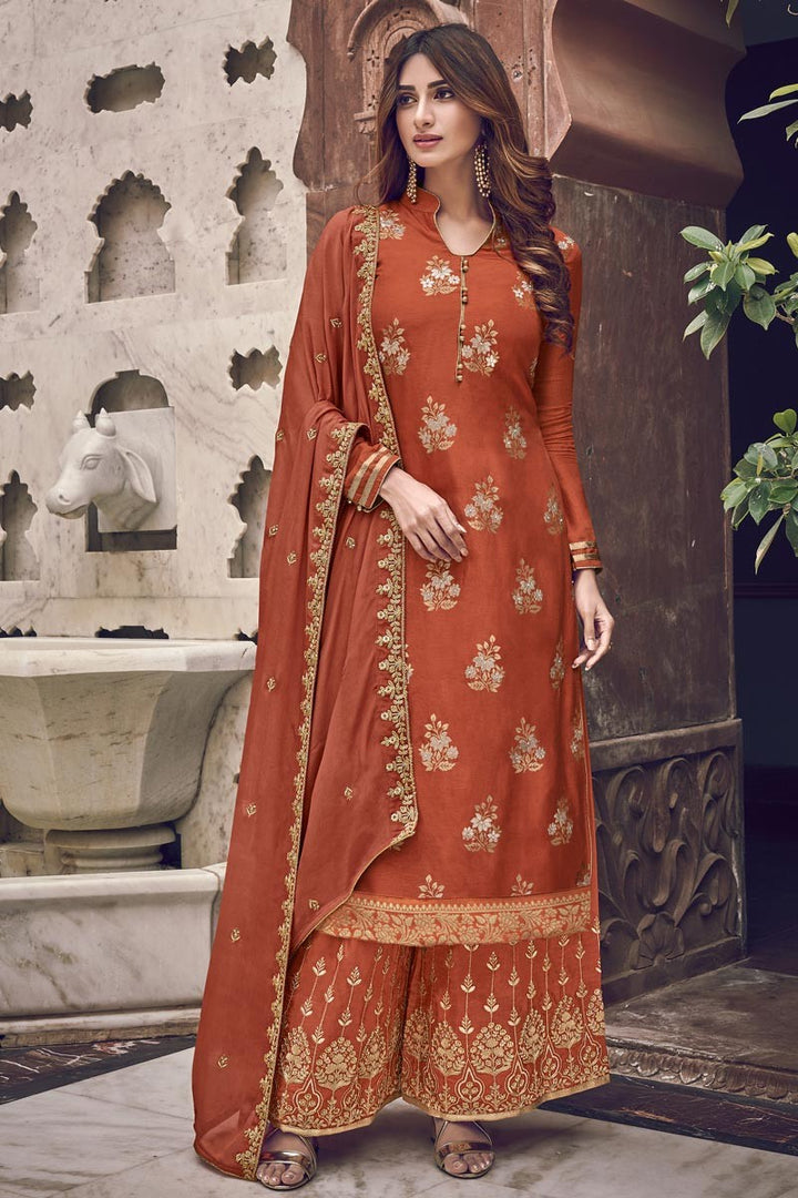 Orange Color Jacquard Embroidered Palazzo Style Suit