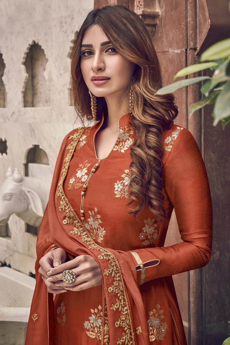 Orange Color Jacquard Embroidered Palazzo Style Suit