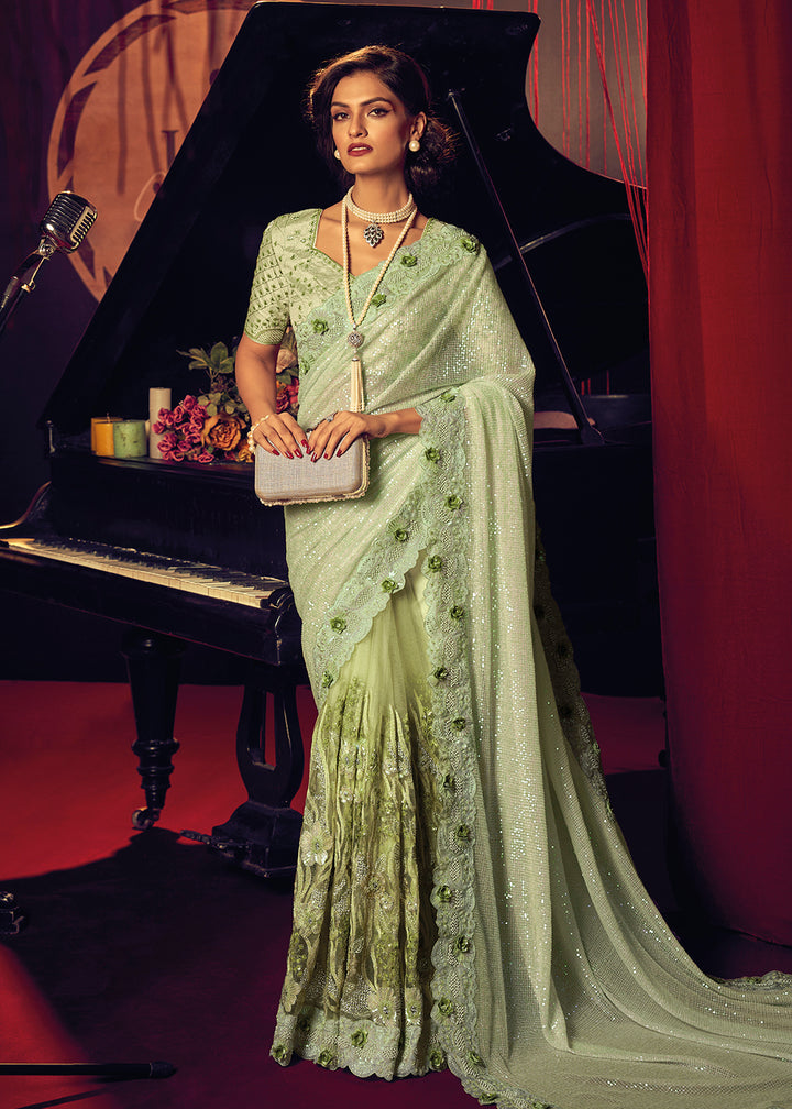 Shop Now Bridal Party Pista Green Premium Net Designer Saree from Empress Clothing in USA, UK, Canada & Worldwide. 