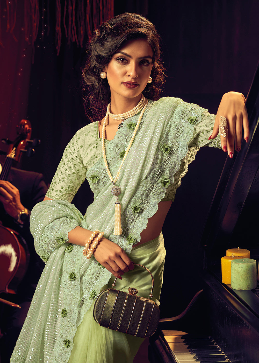 Shop Now Bridal Party Pista Green Premium Net Designer Saree from Empress Clothing in USA, UK, Canada & Worldwide. 