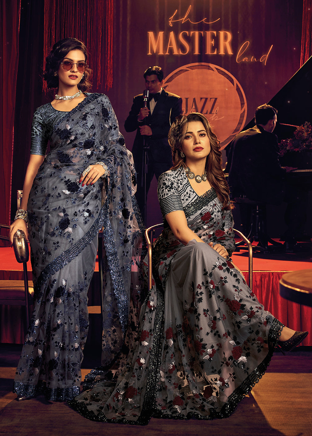 Shop Now Bridal Party Vintage Grey Premium Net Designer Saree from Empress Clothing in USA, UK, Canada & Worldwide.
