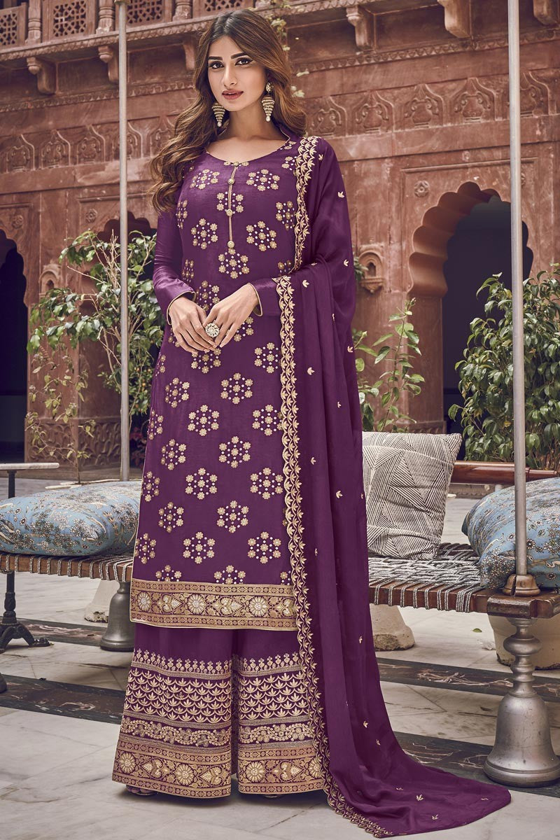 Purple Color Jacquard Embroidered Palazzo Style Suit