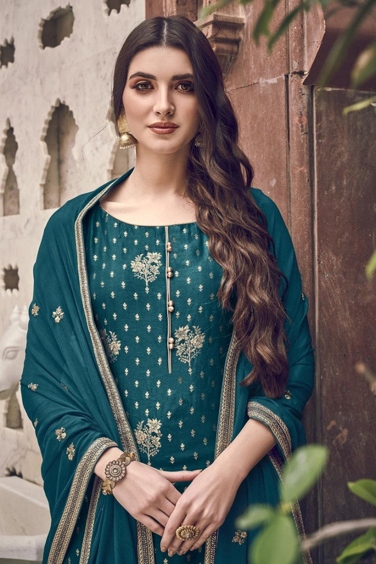 Teal Color Jacquard Embroidered Palazzo Style Suit